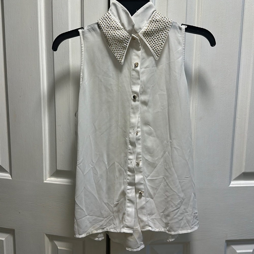 Two Collar Gold Studded White Blouse